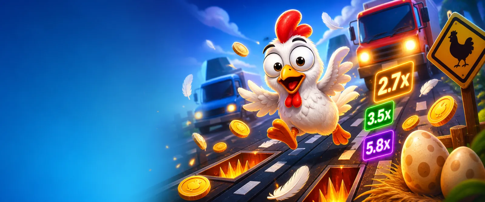 Dynamic promotional image for Chicken Road slot with chickens, road lanes, and playful colors.