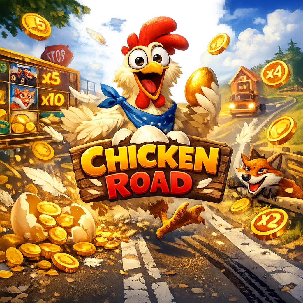 Dynamic promotional image for Chicken Road slot featuring a funny chicken, road lanes, and playful casino elements.