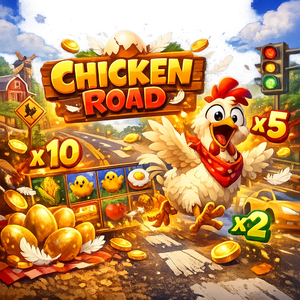 Dynamic promo image for Chicken Road slot featuring playful chicken, road lanes, coins, and bright crash-game energy.