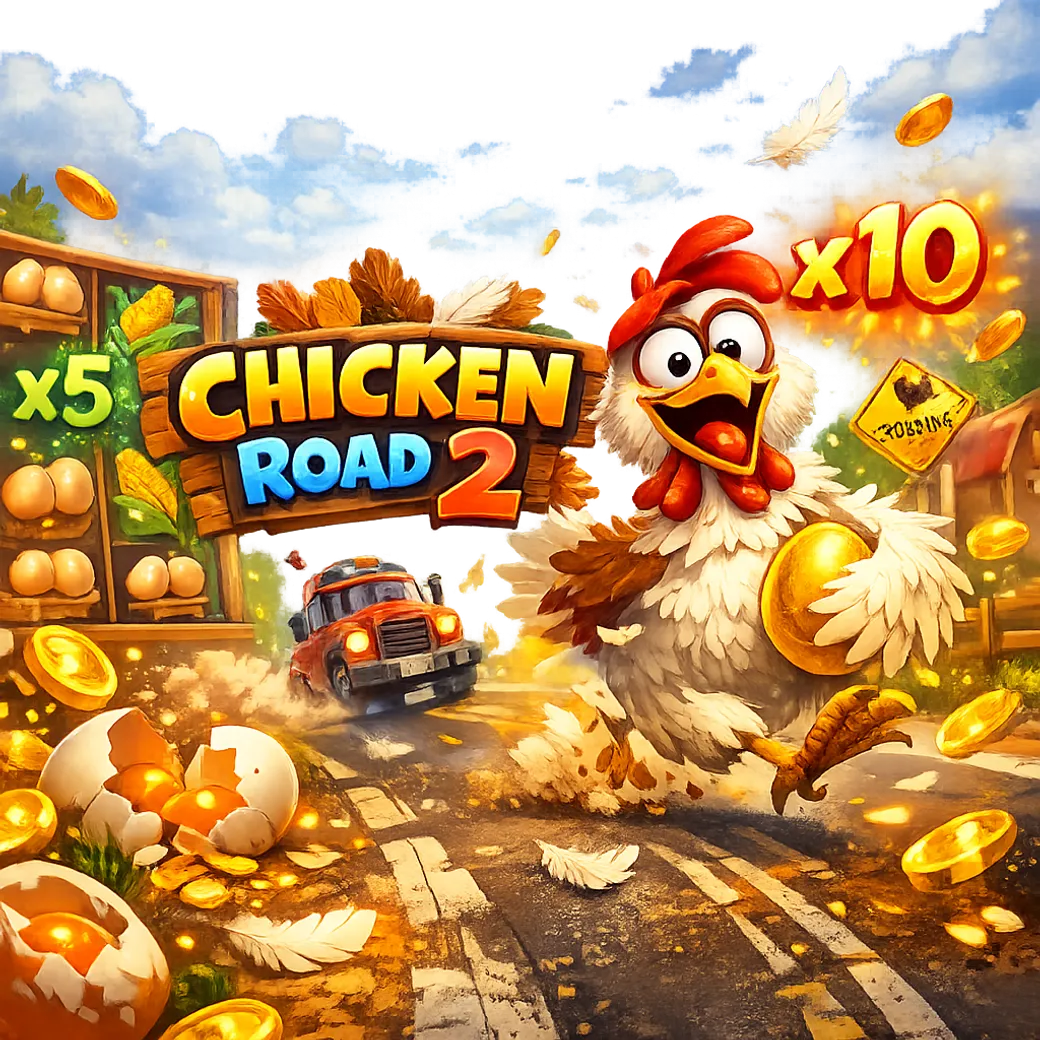 Dynamic promo image for Chicken Road slot featuring a funny chicken on a road with coins and bright cartoon energy.